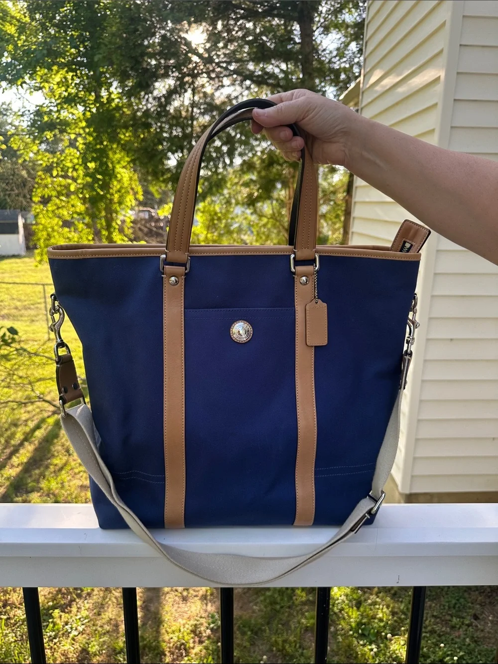 Coach Voyage Blue Canvas Tote Bag Tan Leather Handle Shoulder Bag Lined F77125